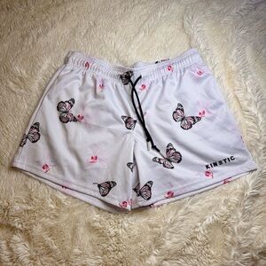 Kinetic kings Men’s White mesh style Shorts Butterfly Print large 5” inseam